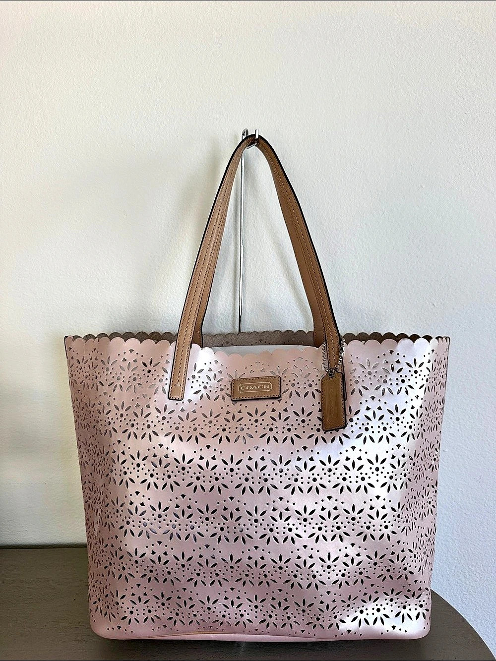 COACH Laser-Cut Floral City Tote Pink & Brown